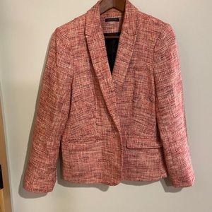 Tommy Hilfiger blazer pink tweed look w/ navy elbow patches one button closure
